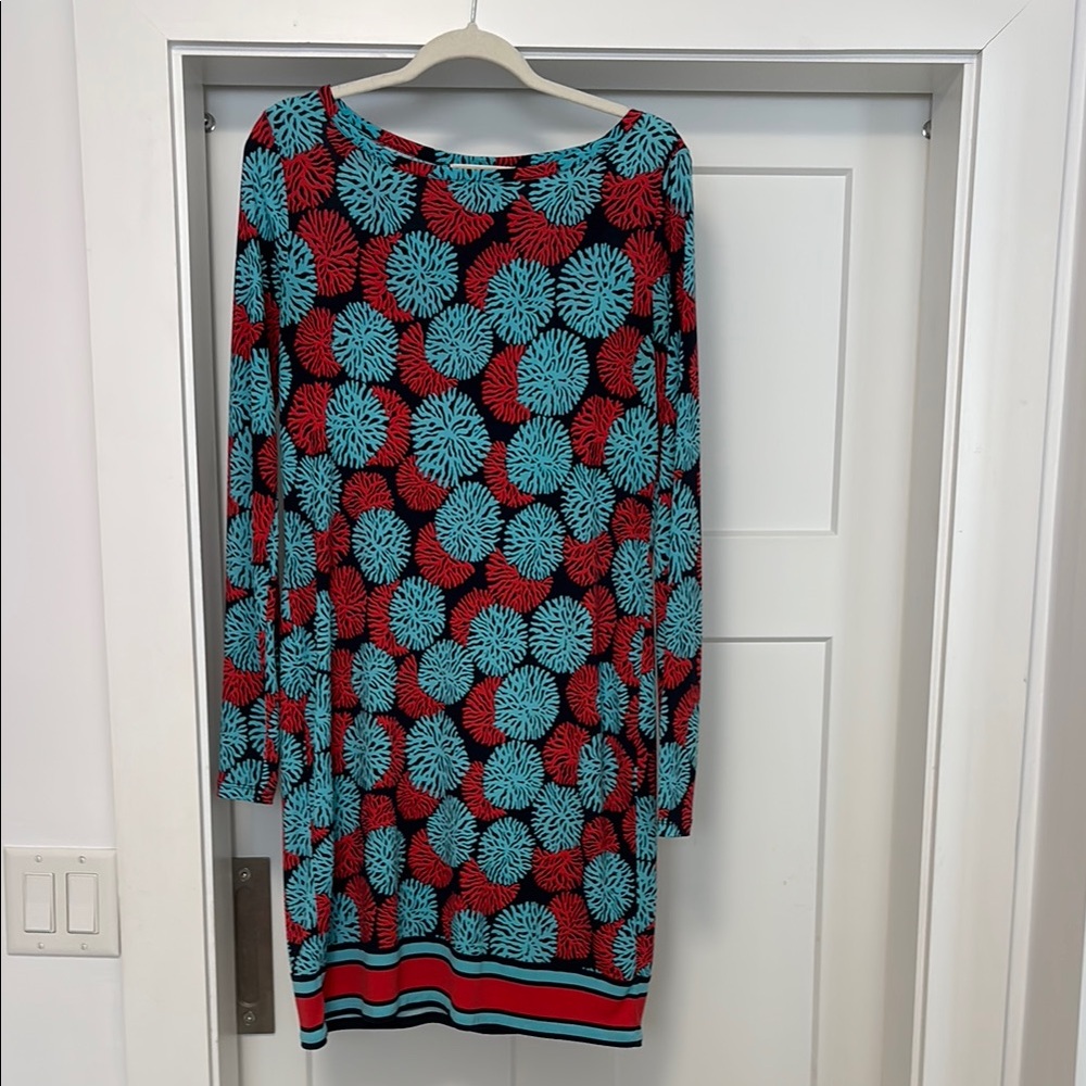 Long Sleeve Floral Pattern Shift Dress - Red & Teal